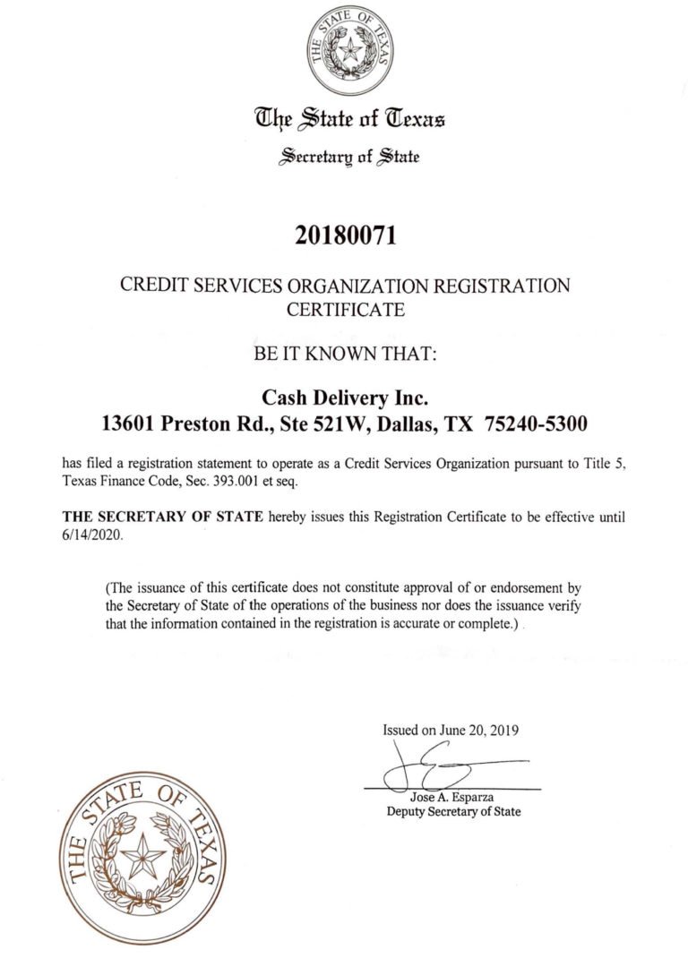 Cash Delivery INC Certificate